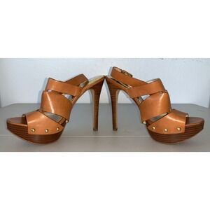 Michael Kors Women's tan Brown leather high heel sandals 9 M Buckle Accents